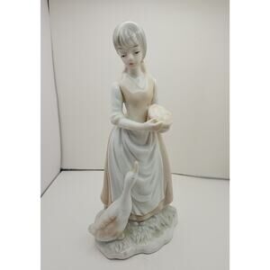 Vtg Porcelain Hand Painted Girl with Goose & Basket of Eggs Figurine 8" Tall
